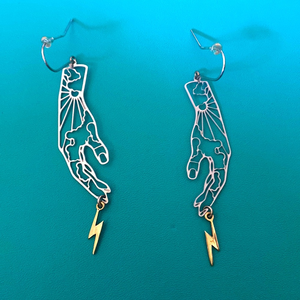 Silver and Gold Handmade Lightning Bolt Zeus Dangle Earrings